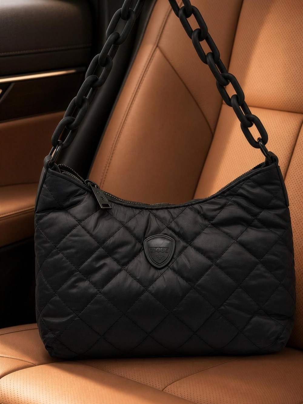 Quilted Black Shoulder Bag with Chunky Chain Strap